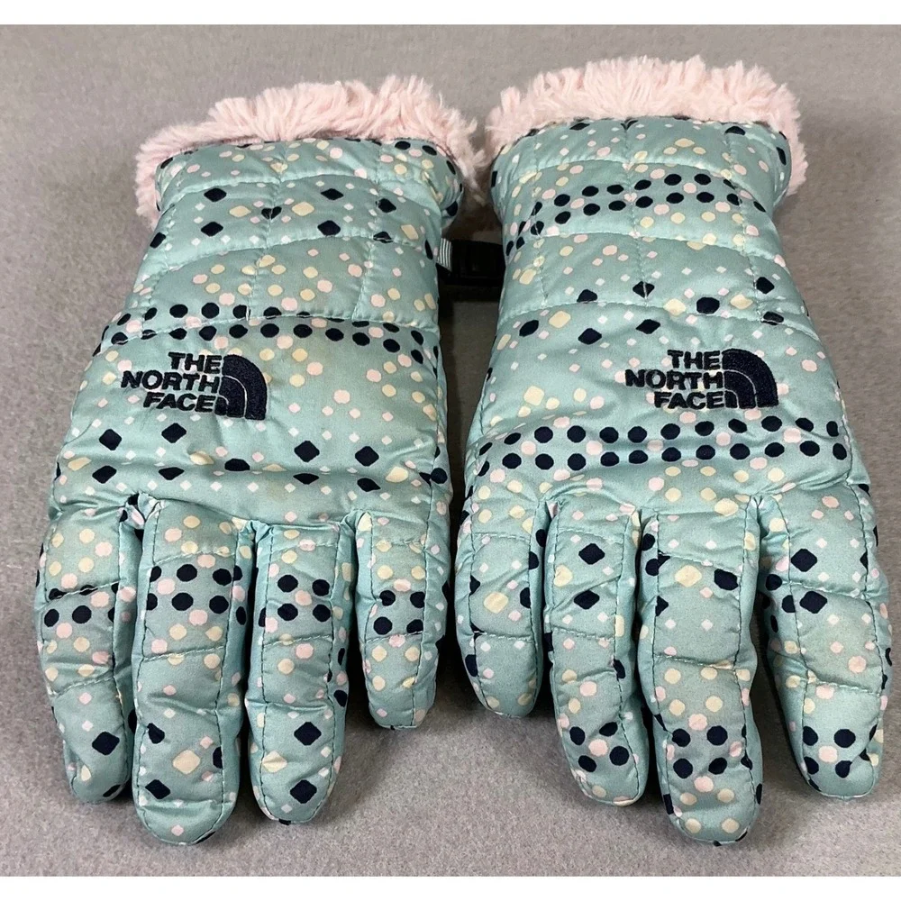The North Face Kids Gloves Winter Insulated Blue Polka‎ Dot Faux Fur Cuff